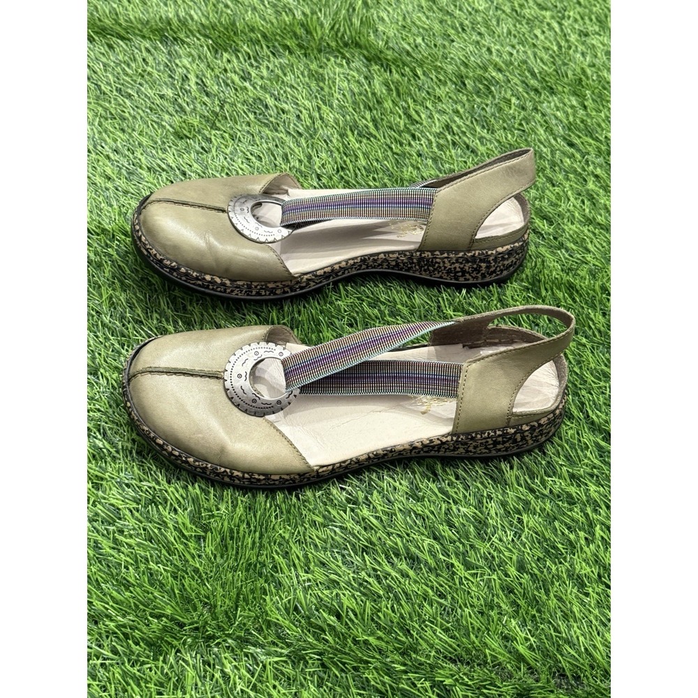 Rieker‎ Daisy Green Leather Flats Slingback Artsy Sandals Closed Toe 38 7-7.5